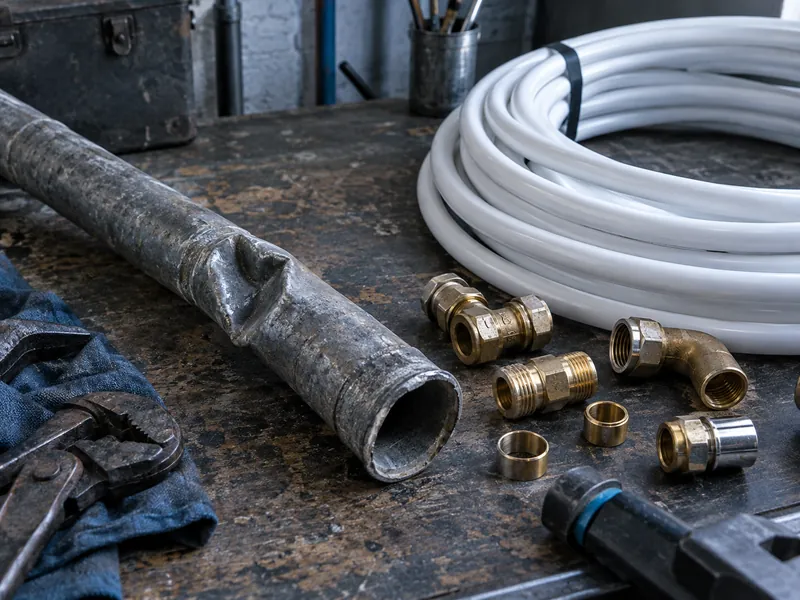 Tronçon de canalisation en plomb déposé à côté d’un tube multicouche neuf