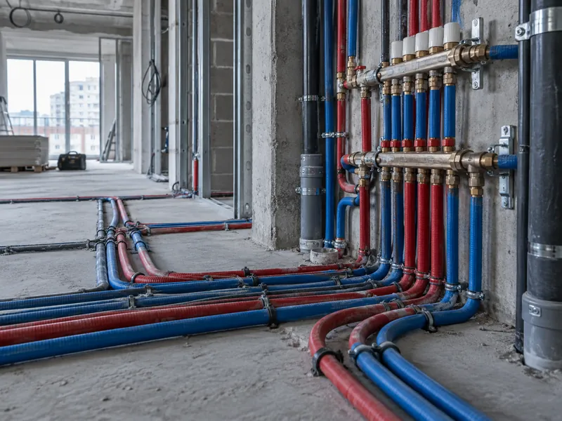 Réseau de tubes PER raccordé à une nourrice dans un bâtiment neuf en construction