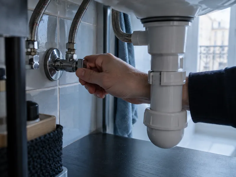 Main tournant un robinet d’arrêt quart de tour sous un lavabo
