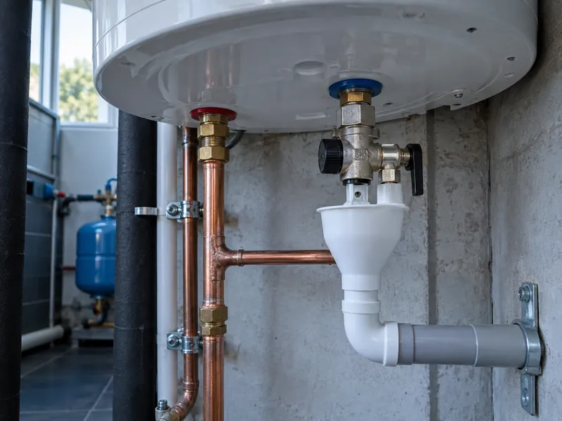Groupe de sécurité de chauffe-eau raccordé à un siphon et à des tubes en cuivre