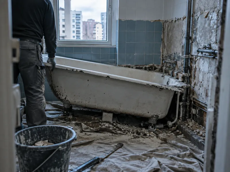 Petite salle de bain des années 1960 en cours de démolition, baignoire émaillée déposée