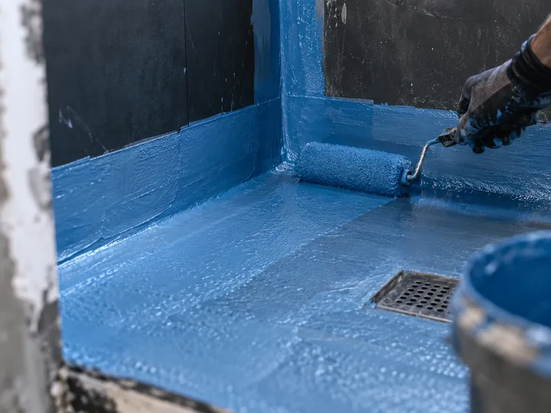 Membrane d’étanchéité bleue appliquée au rouleau sur le sol d’une douche avant carrelage