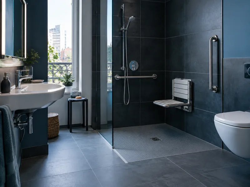 Salle de bain accessible avec douche de plain-pied, barres d’appui et siège rabattable