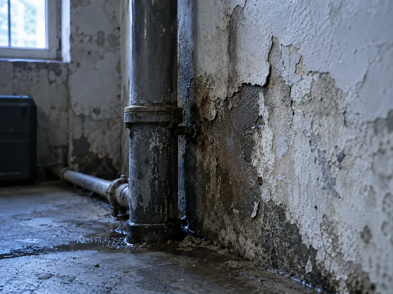 Tache d’humidité et enduit écaillé sur un mur de cave, près d’une canalisation