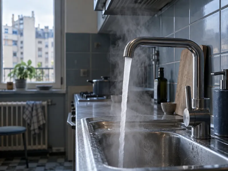 Eau chaude fumante coulant d’un robinet de cuisine